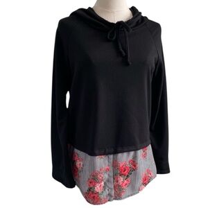 Poof! Womens Lightweight Hoodie Pullover with Attached Floral Striped Hem